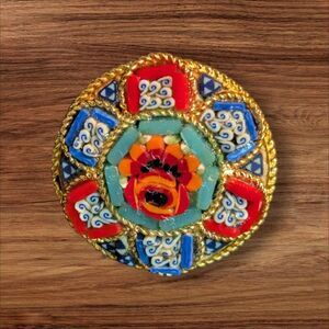 Vintage Italian Micro Mosaic Pin Brooch Circular Floral Multicolor Gold Tone